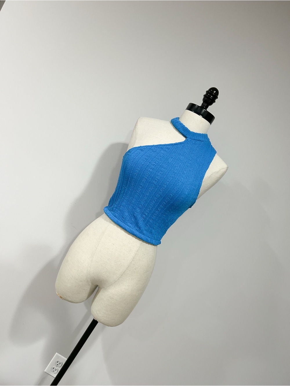 Zara Bright Blue One-Shoulder Knit Halter Crop Top